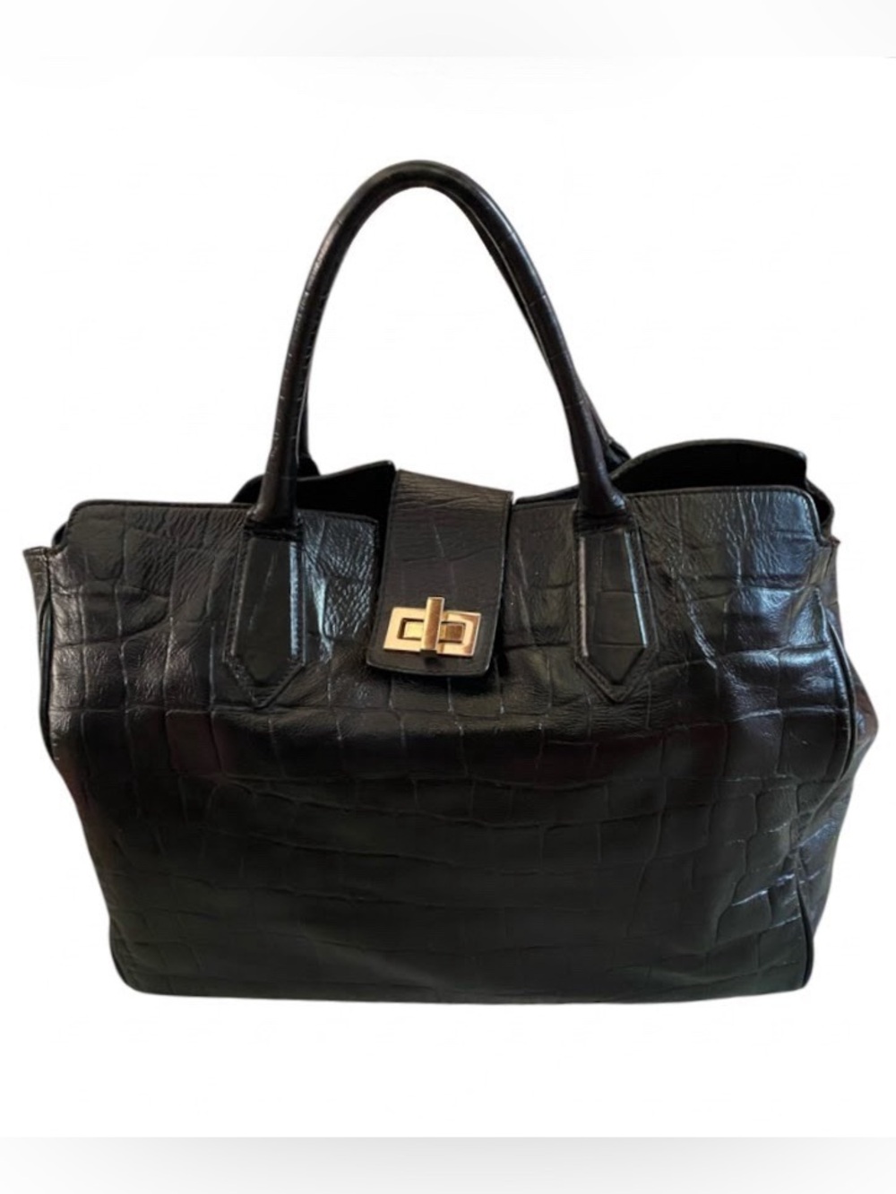 A.Bellucci Classic Black Croc-Embossed Leather turnlock Tote Bag(AS IS) No Strap